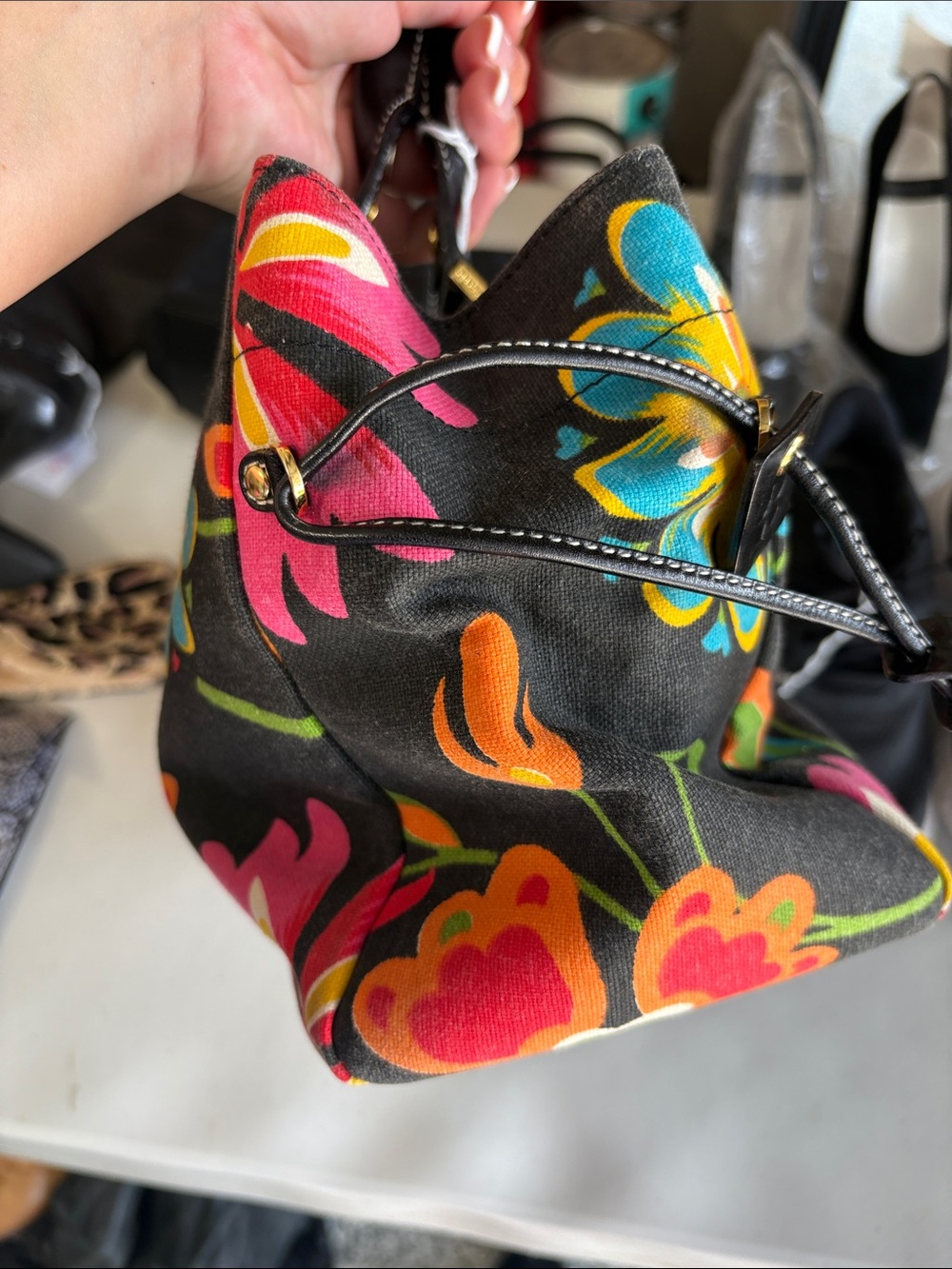 kate spade Black Canvas Floral Tote with Multicolor Flower Print - Picture 3 of 8